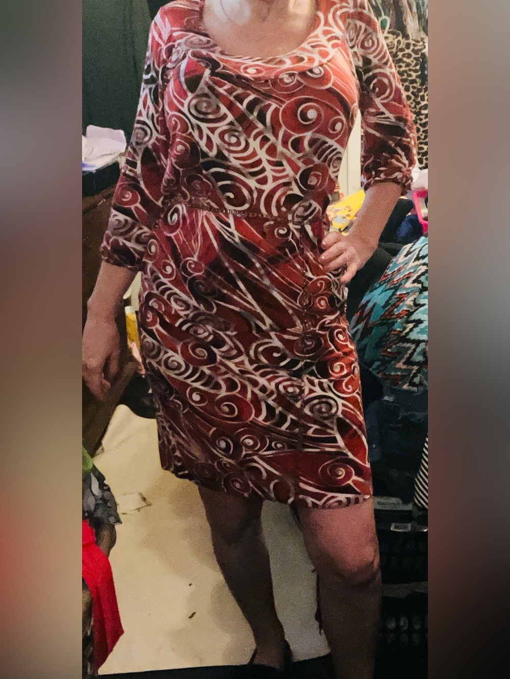 BCBGMaxAzria Red and Cream Swirl Midi Dress